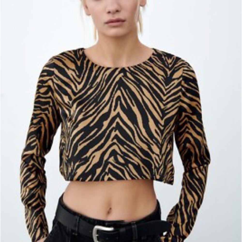 Zara Black and Tan Animal Print Crop Top
